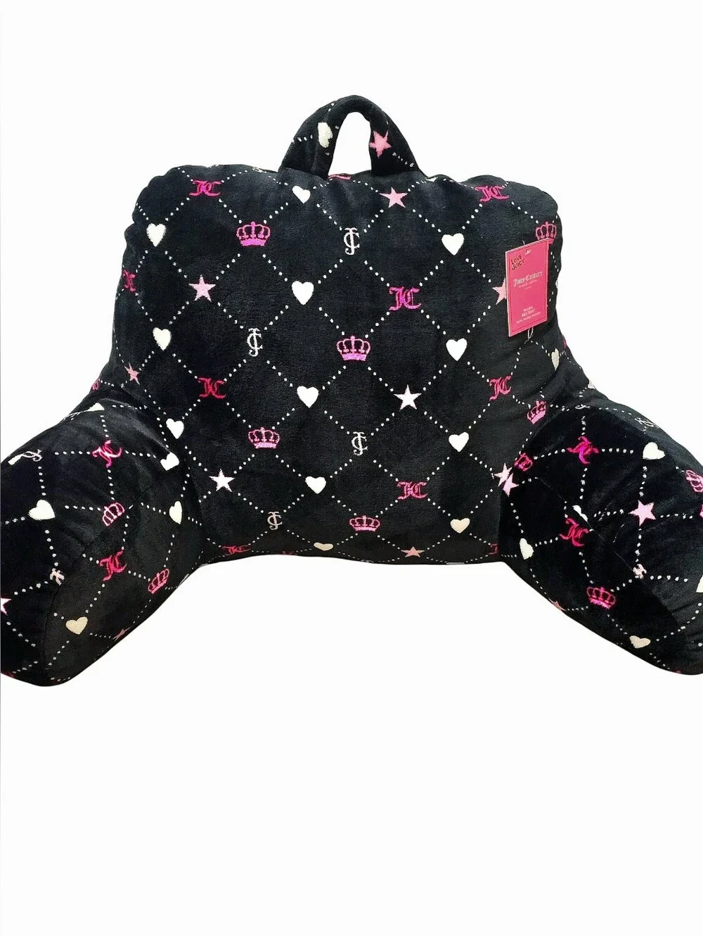 Juicy Couture Home JC Logo Crowns & Hearts Plush Bed Rest Pillow w/Cell Holder